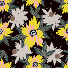 Cute vector floral seamless pattern. Colorful flowers background. Trendy repeat texture for fashion print, wallpaper or fabric.