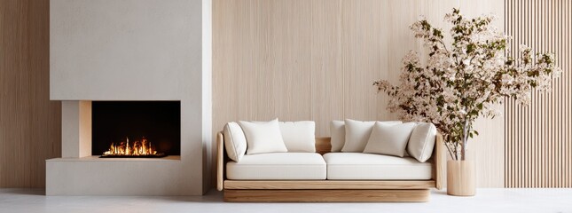 Modern Scandinavian living room with minimalist fireplace, light wood paneling, cream cushioned sofa, and decorative flowering indoor plant, ideal for home design projects and lifestyle blogs