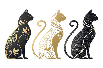 black and white cat with flowers , black and white cats , set of cats silhouettes , Stylish Cat Silhouettes in Minimalist, Colorful, Cute, and Luxury Designs