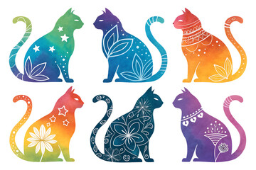 set of cats, black and white cats , set of black cats , Stylish Cat Silhouettes in Minimalist, Colorful, Cute, and Luxury Designs,set of cats silhouettes 
