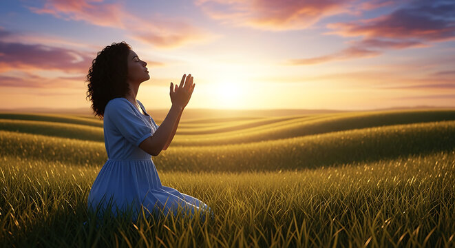 A woman kneels in a field, facing the sunset.