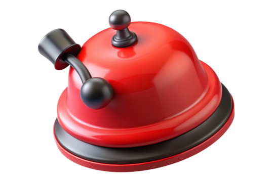Shiny red service bell with black handle and knobs isolated on transparent background