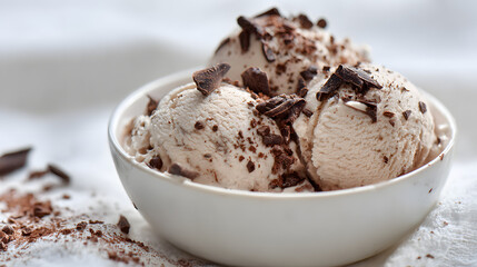 Triple Chocolate Ice Cream Served in a Clean White Bowl with Chocolate Shavings on Top