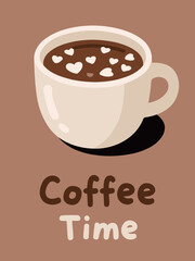 Coffee Cup with Heart Shaped Froth and Text Coffee Time on Brown Background