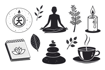 A collection of icons representing yoga, meditation, and serenity, isolated on white background