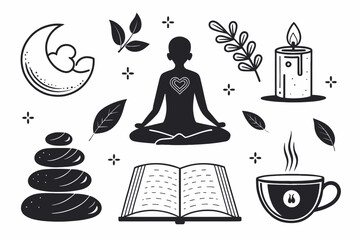 A collection of icons representing yoga, meditation, and serenity, isolated on white background
