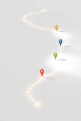 Colorful location pins mark a winding path illuminated by glowing lights, symbolizing progress and direction.