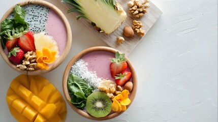 Top view of detox vegan flatlay with smoothie bowls, tropical fruits, leafy greens, and nuts styled on a white surface, minimal design with lots of copy space, wellness and clean eating vibe