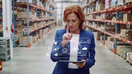 Businesswoman manager using digital tablet with holographic interface in warehouse facility. Supply chain logistics technology with virtual analytics dashboard for inventory management - Powered by Adobe