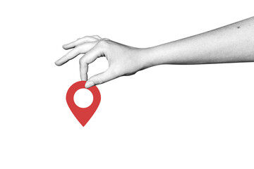 Collage hand holding location tag. GPS navigation. Position on map. Location. Route. Path. Delivery route. Taxi route. Logistics. Landmark. Geolocation. Destination.