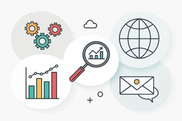 A comprehensive illustration of business growth strategy and analytics, isolated on white background