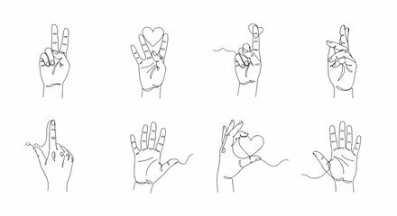 Continuous Line Art Hands Expressing Peace Love Luck and Openness.
