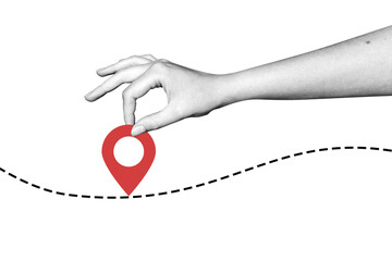 Collage hand holding location tag. GPS navigation. Position on map. Location. Route. Path. Delivery route. Taxi route. Logistics. Landmark. Geolocation. Destination.