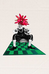 Sketch pop contemporary photo collage of happy pensioner man king sit throne show rock gesture...