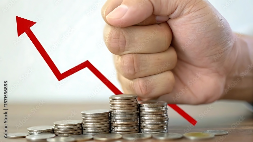 Poster hand squeezing fist over rising stack of coins with red upward trend arrow