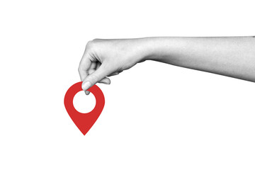 Collage hand holding location tag. GPS navigation. Position on map. Location. Route. Path. Delivery route. Taxi route. Logistics. Landmark. Geolocation. Destination.