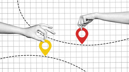 Collage hand holding location tag. GPS navigation. Position on map. Location. Route. Path. Delivery route. Taxi route. Logistics. Landmark. Geolocation. Destination.