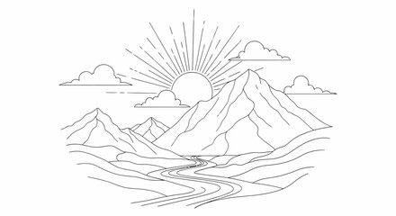 Line Art Landscape Mountains River Sunburst and Clouds Illustration.