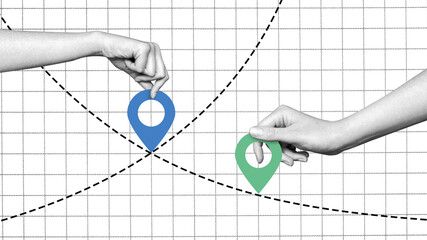 Collage hand holding location tag. GPS navigation. Position on map. Location. Route. Path. Delivery route. Taxi route. Logistics. Landmark. Geolocation. Destination.