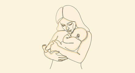 Minimalist Line Art Mother Embracing Baby with Tender Affection and Loving Gaze.