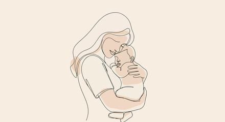 Minimalist Line Art Mother Embracing Newborn Baby with Tender Affection.