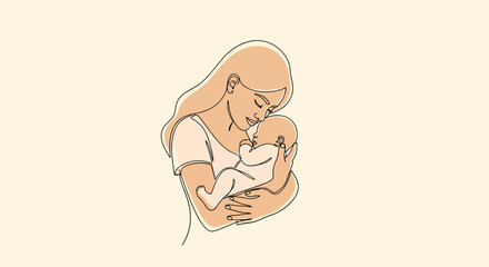 Minimalist Line Art Mother Tenderly Holding Sleeping Baby in Gentle Embrace.