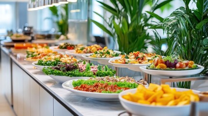 Obraz premium Fresh and Colorful Salad Bar Display at a Modern Buffet Setting