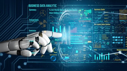 AI artificial intelligence drives data analytics with predictive models, smart dashboards, and virtual assistant insights for data-driven business decisions.