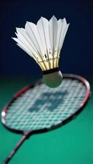 Badminton Shuttlecock Impact Close-Up of a Feather Shuttlecock Frozen Mid-Air Above a Tense Badminton Racket, Ready for a Powerful Serve.  Dynamic Action Shot, Vibrant Colors.