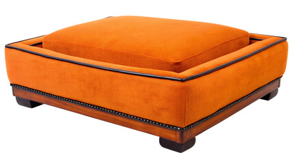 The vibrant orange upholstered ottoman offers a stylish and comfortable accent.