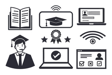 Icons representing online education and graduation