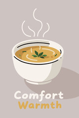 Comforting Bowl of Soup with Steam Rising and Herbs