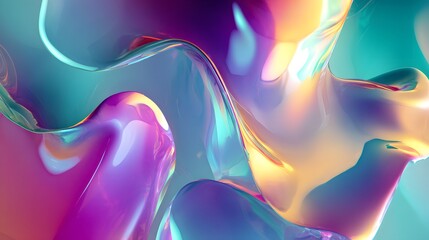 Abstract fluid gradient design with glossy liquid shapes blending softly into a modern holographic color palette, high resolution for creative presentations