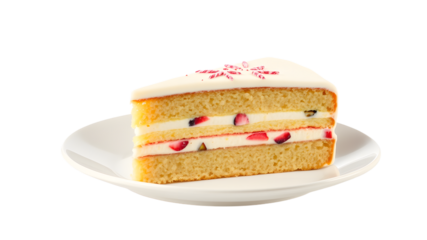 A delectable slice of layered cranberry cake, frosted with white icing and adorned with red sprinkles, rests on a simple white plate.