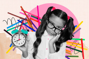 Composite 3d art pop image collage of bored exhausted schoolgirl hold clock colorful felt pen...