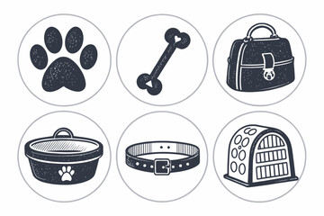 A set of six petrelated icons, including a paw print, bone, carrier, bowl, collar, and more, are isolated on white background