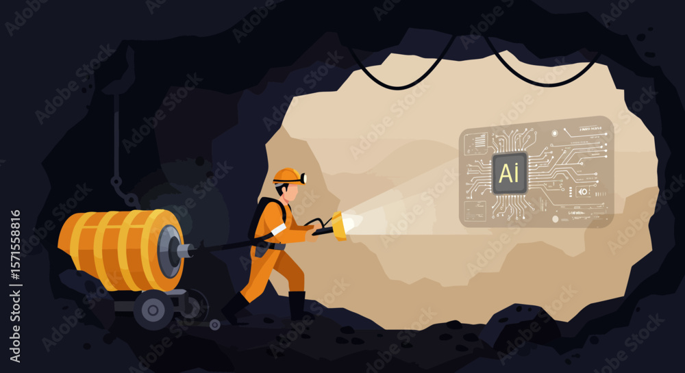 Poster ai miner: an illustration shows a miner exploring the dark depths of a tunnel, guided by the glimmer