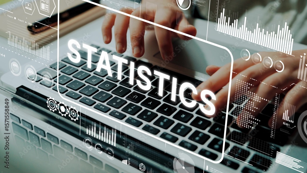 Poster hands typing on laptop keyboard with digital statistics overlay and data visualization graphics. asy