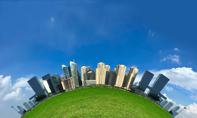 Green city of the earth. Planet earth with clean modern city using renewable resources....