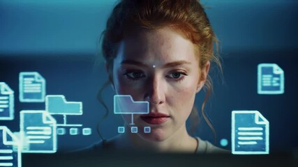 Professional woman with digital document management interface, holographic file icons, and modern office technology. Paperless workflow, electronic filing systems, and business productivity solutions. - Powered by Adobe