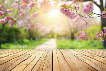 Spring blossom background with wooden table