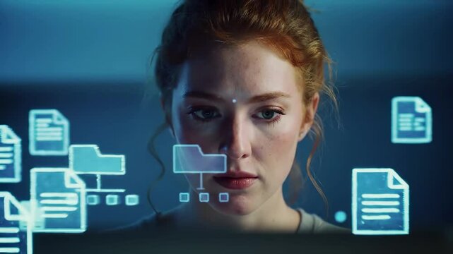 Professional woman with digital document management interface, holographic file icons, and modern office technology. Paperless workflow, electronic filing systems, and business productivity solutions. - Powered by Adobe