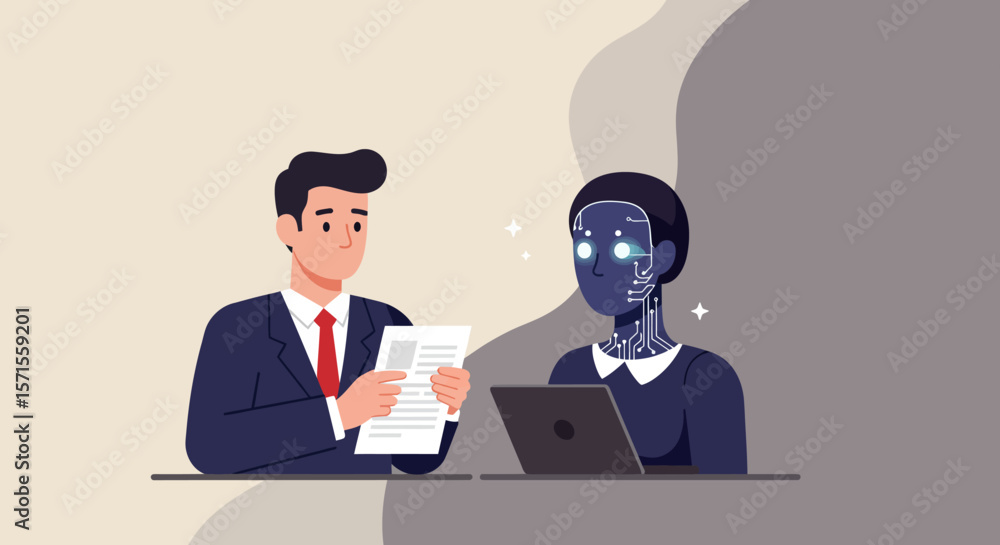 Poster business interview: a futuristic concept shows an innovative meeting between a man and a sophisticat