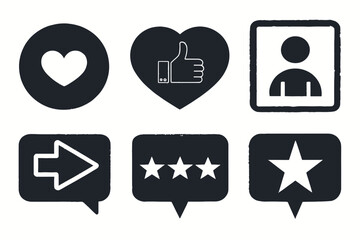 A collection of social media icons isolated on white background includes heart, like, user profile, arrow, rating stars, and star