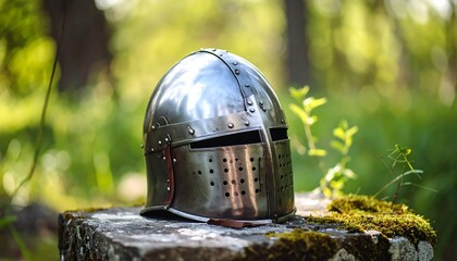 Medieval helmet in forest