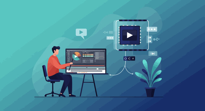 Digital Creative at Work: A digital creative meticulously crafts visuals on a cutting-edge computer setup, seamlessly merging technology and artistry. 