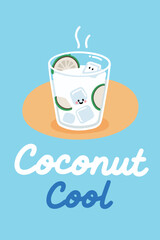Coconut Cool Drink with Ice and Lime Slices on Blue Background