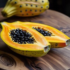 Fresh papaya and melon on a plate on a wooden table