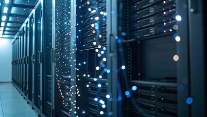 Server room with rows of racks and illuminated data cables creating a futuristic glow