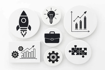 Circular icons representing business growth and success, featuring a rocket, lightbulb, briefcase, and gears